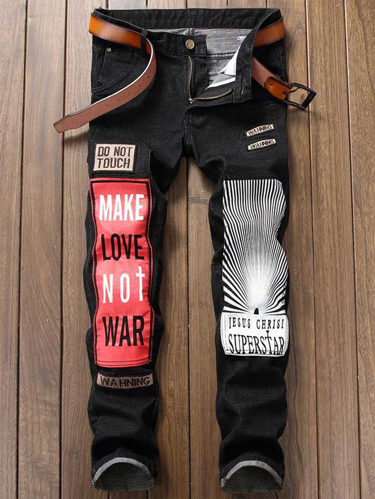 

Graphic Print Color Block Applique Straight Leg Jeans, Black