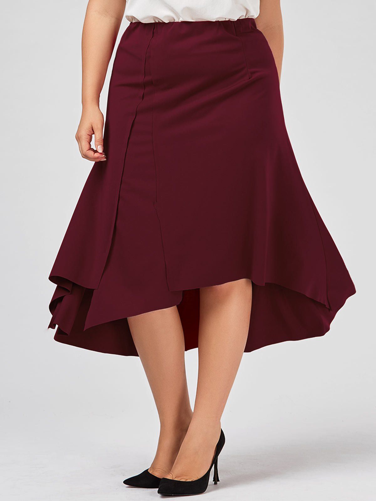 [41% OFF] 2021 Plus Size Asymmetric Flowy Midi Skirt In DEEP RED ...