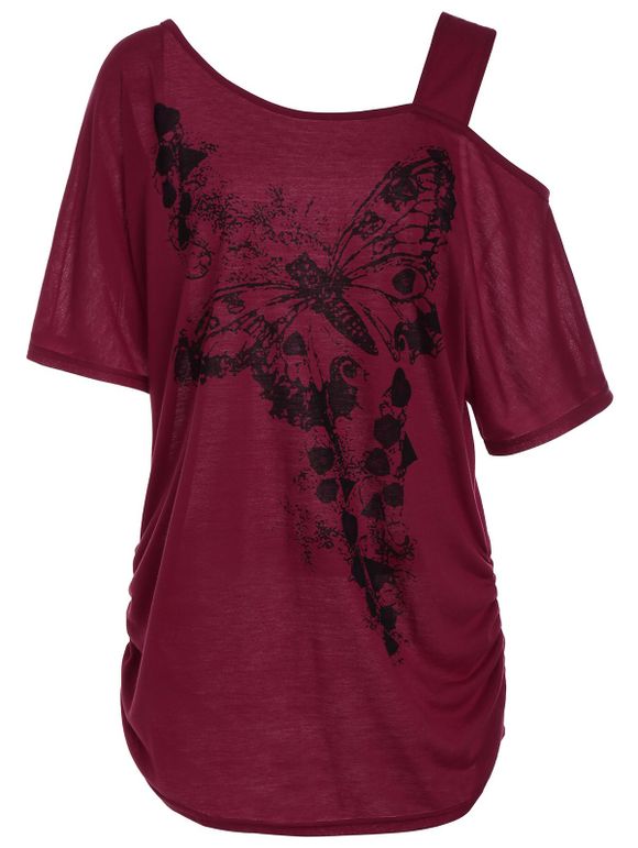 T-shirt Grande Taille Imprimé Papillon Enolure Cloutée - Rouge XL