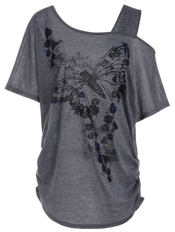 T-shirt Grande Taille Imprimé Papillon Enolure Cloutée - Gris 3XL