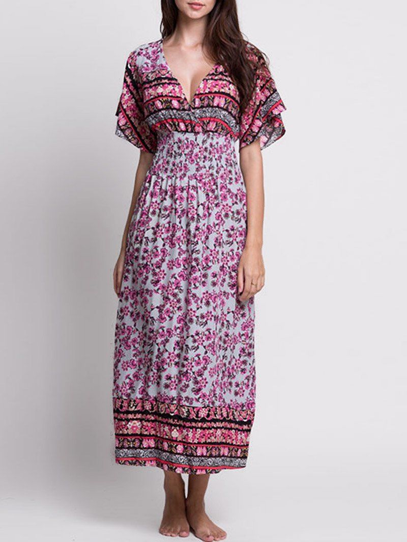 

V Neck Floral Long Bohemian Dress, Colormix