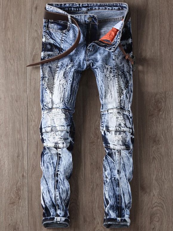 Faded and Tie Dye Panel Pieds étroits Jeans déchirés - Bleu 32