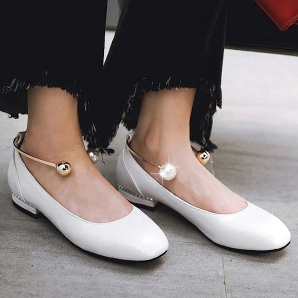 Square Toe Faux Pearl Flat Shoes - Blanc 38