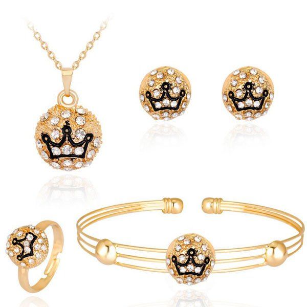 

Engraved Crown Necklace Bracelet Earrings with Ring Set, Golden