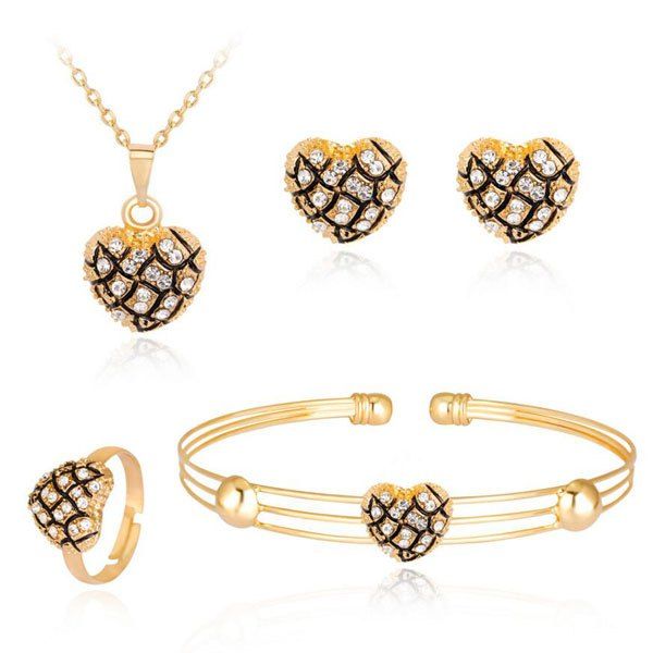 

Heart Necklace Bracelet Earrings with Ring Set, Golden