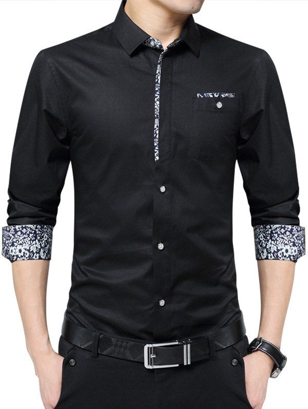 

Floral Print Pocket Long Sleeve Shirt, Black