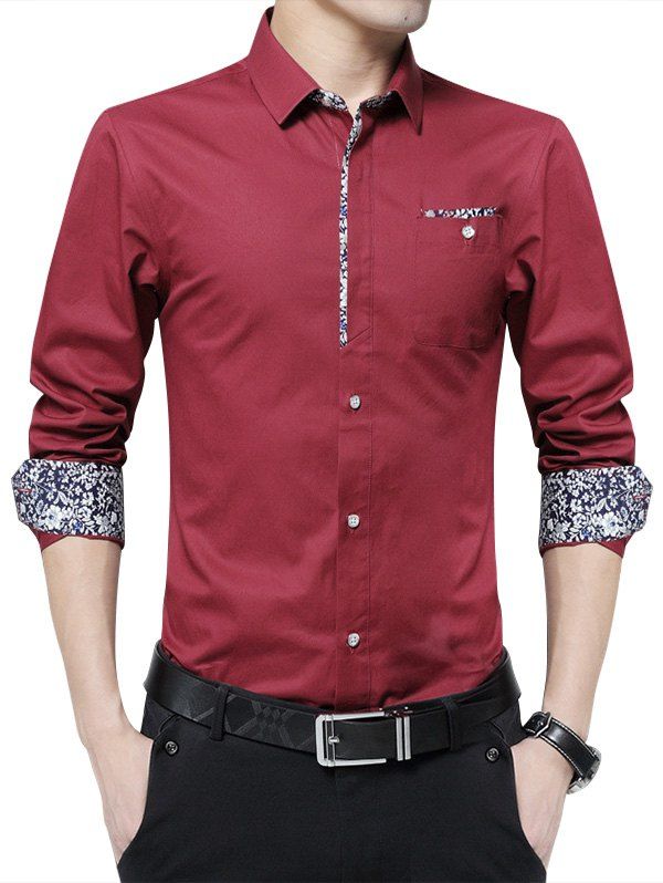 

Floral Print Pocket Long Sleeve Shirt, Wine red