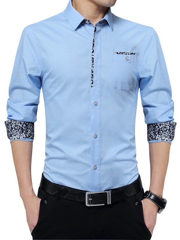 

Floral Print Pocket Long Sleeve Shirt, Light blue