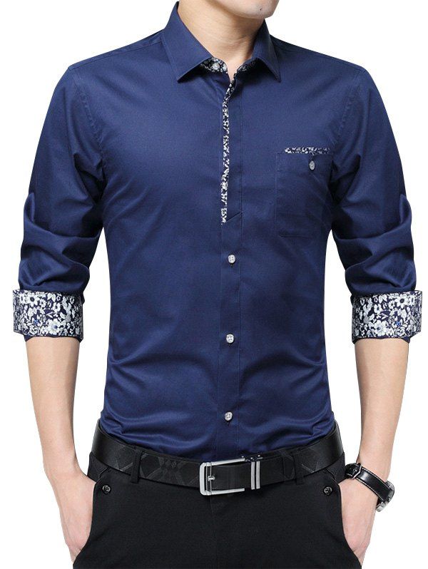 

Floral Print Pocket Long Sleeve Shirt, Deep blue