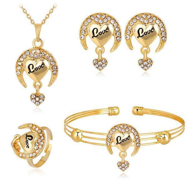 

Moon Heart Necklace Earrings Bracelet and Ring Set, Golden