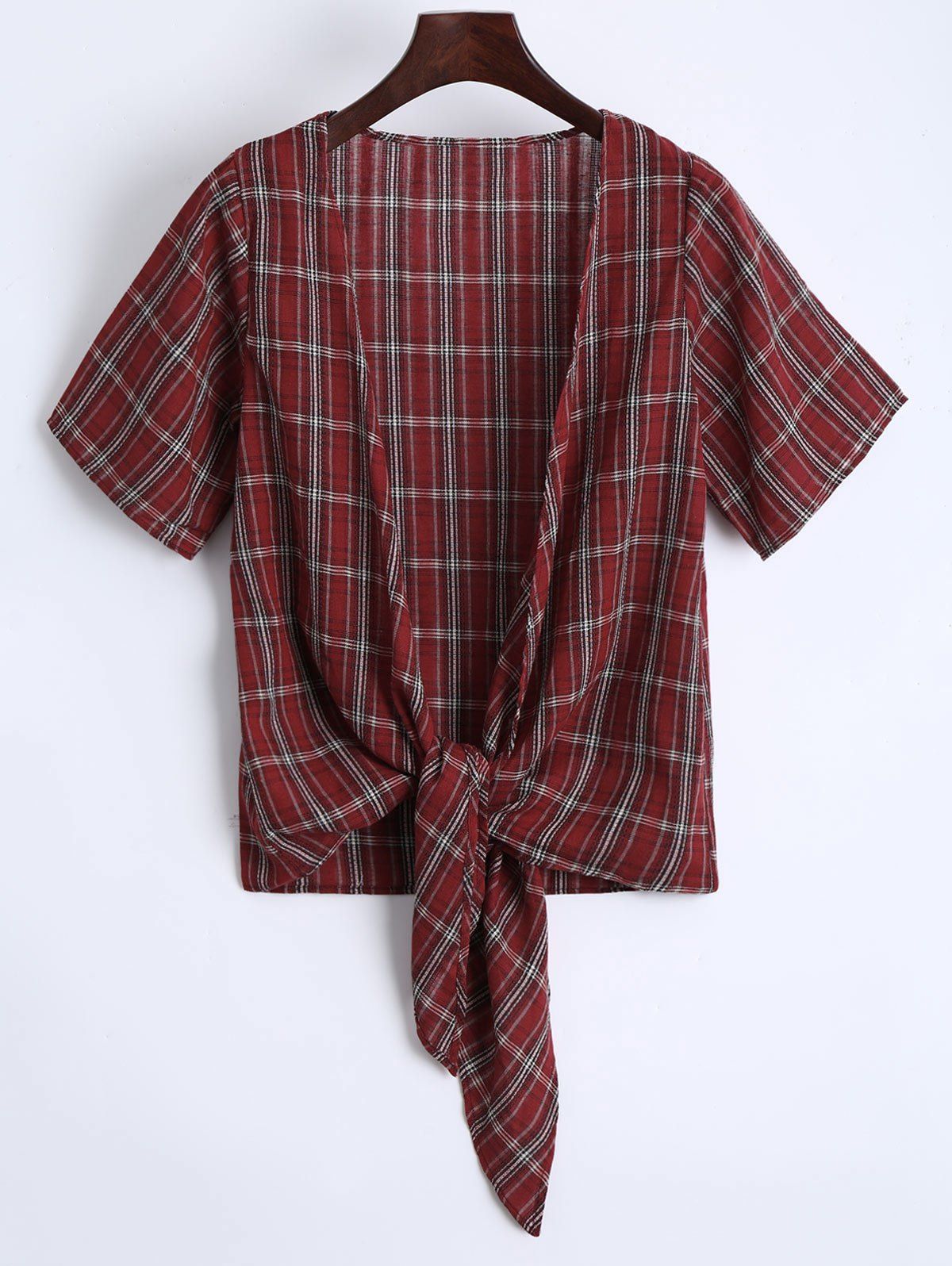 

Plus Size Plaid Cropped Front Tie Kimono, Deep red