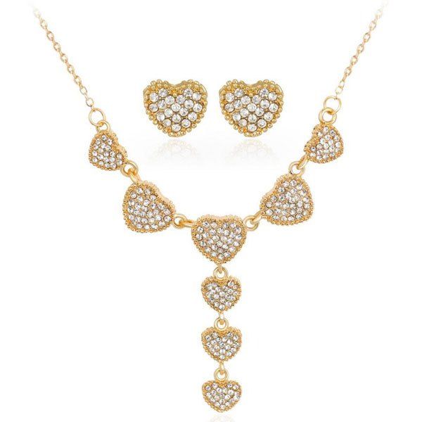 

Rhinestone Heart Necklace and Earrings Set, Golden