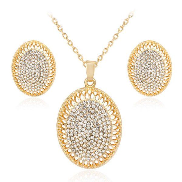

Rhinestoned Oval Necklace and Earrings Set, Golden