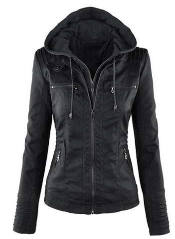 

Drawstring Detachable Hooded Faux Leather Jacket, Black