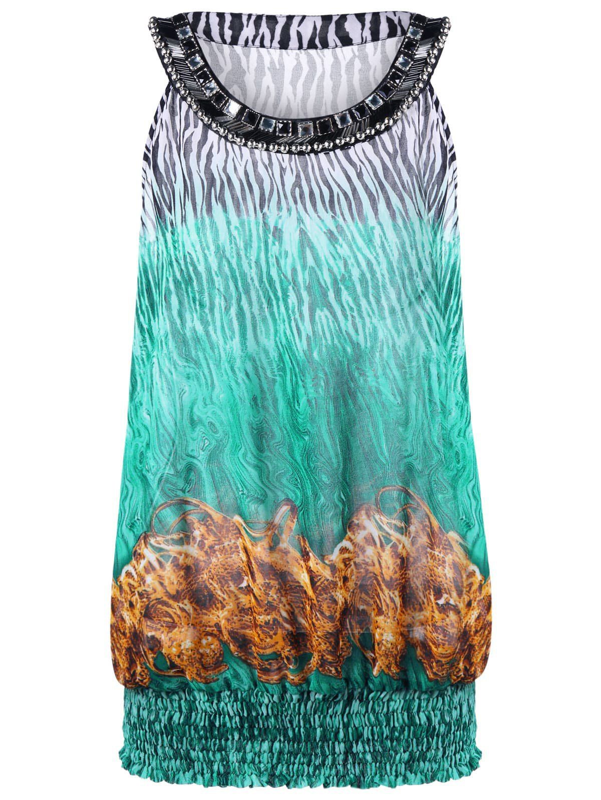 

Beaded Plus Size Printed Sleeveless Top, Colormix