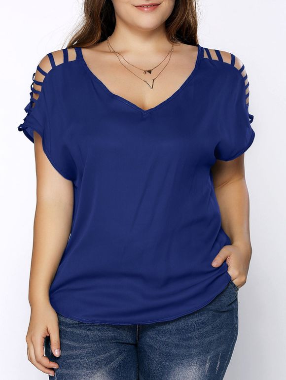 T-shirt Col en V Manches Découpées Grande Taille - Bleu profond XL