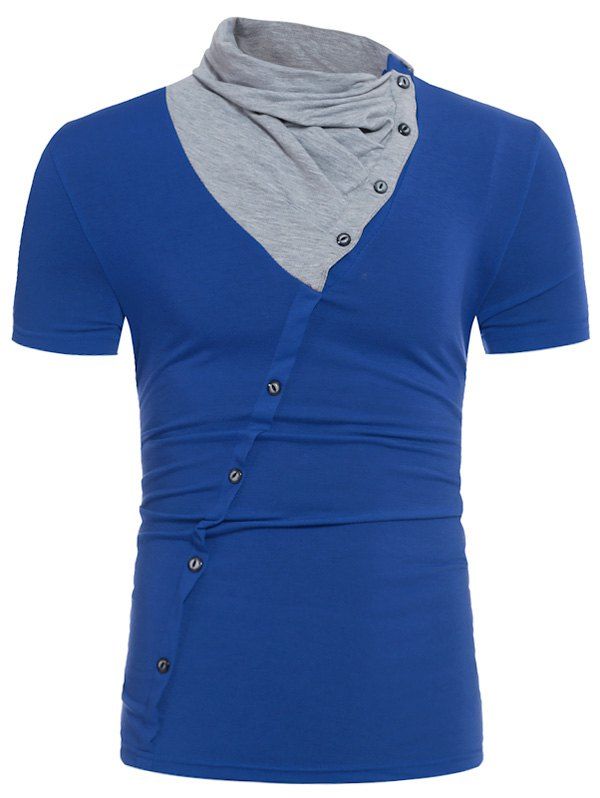 

Color Block Panel Cowl Neck Oblique Buttons T-shirt, Royal
