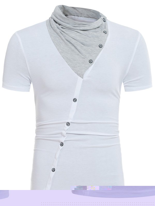 

Color Block Panel Cowl Neck Oblique Buttons T-shirt, White