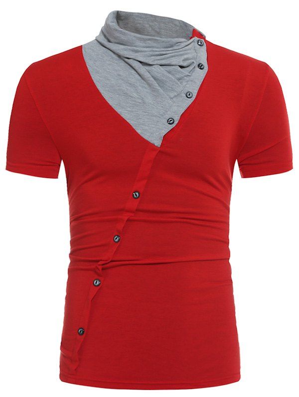 

Color Block Panel Cowl Neck Oblique Buttons T-shirt, Red