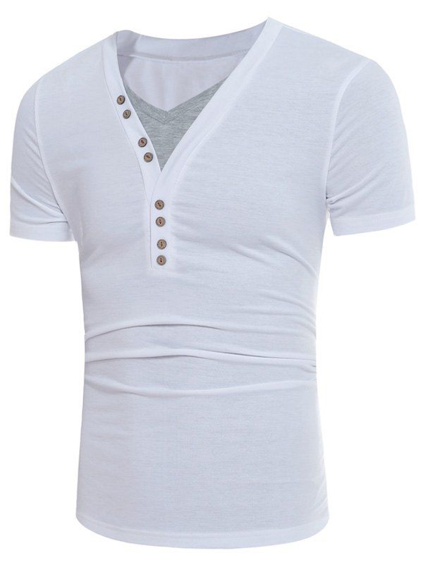 

Buttons Design V Neck Color Block Panel T-shirt, White
