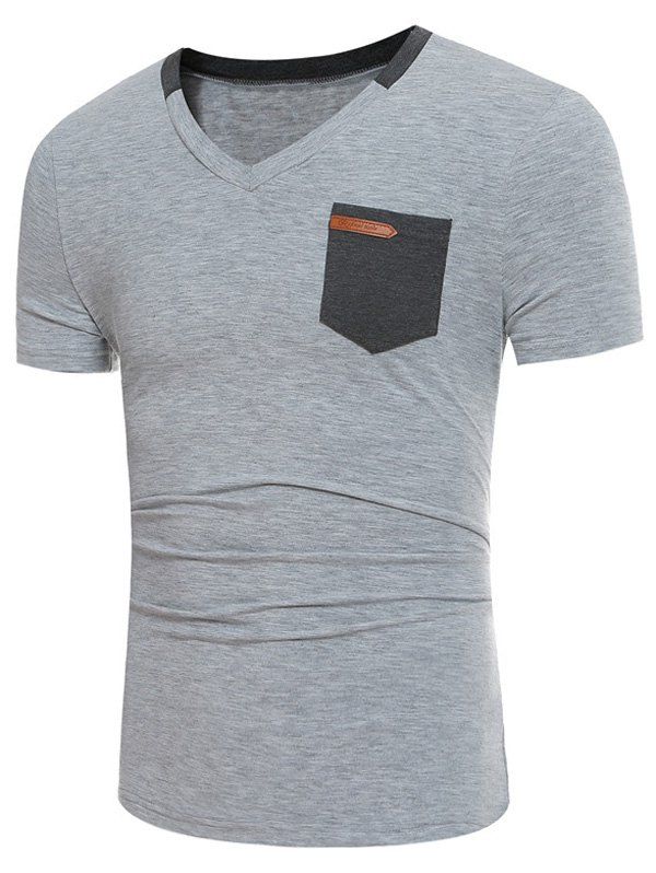 

Color Block Panel V Neck Pocket Embellished T-shirt, Light gray
