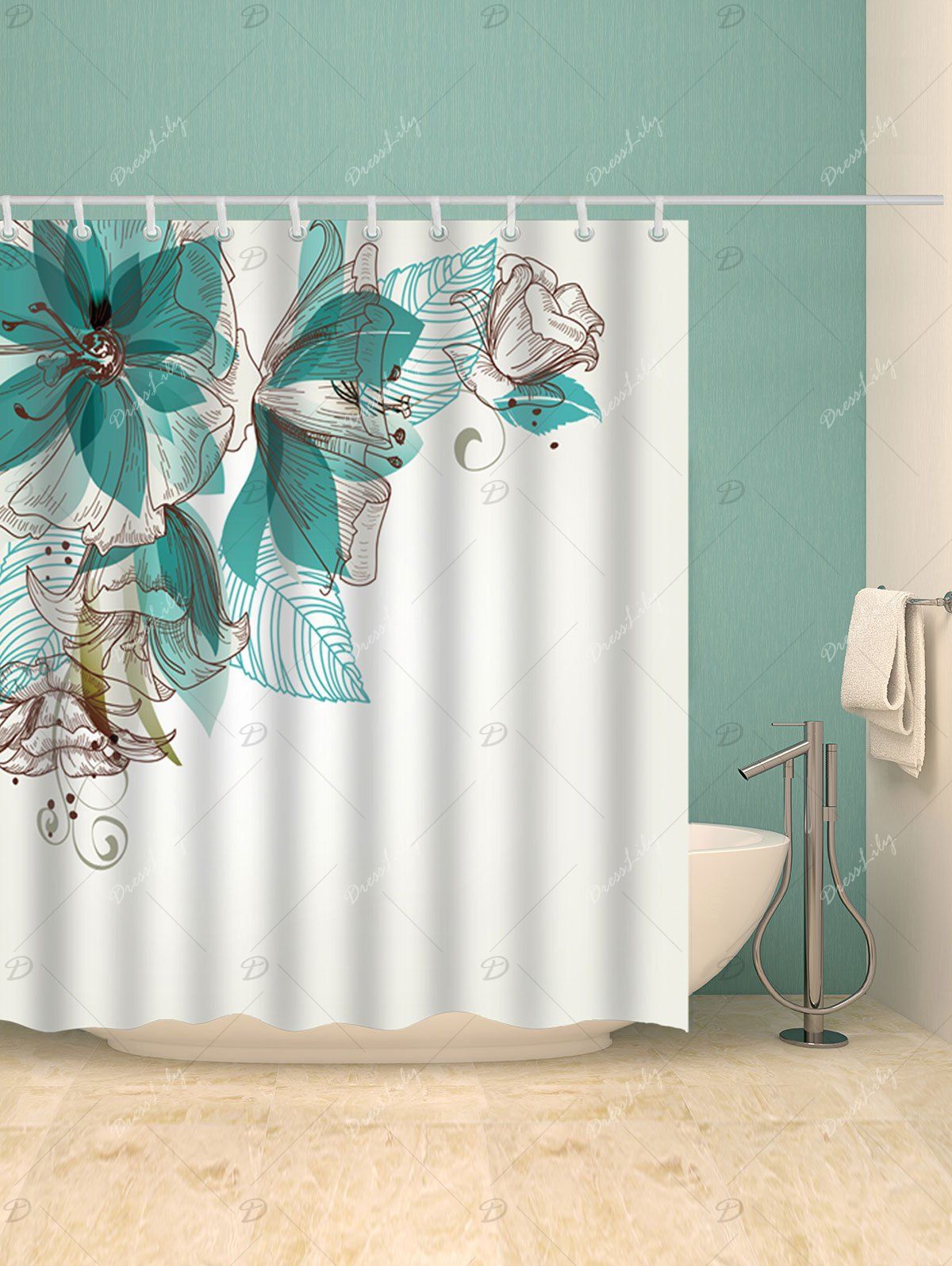 2018 Rideau de Douche Extra Longue Simple Motif Floral Blanc Largeur