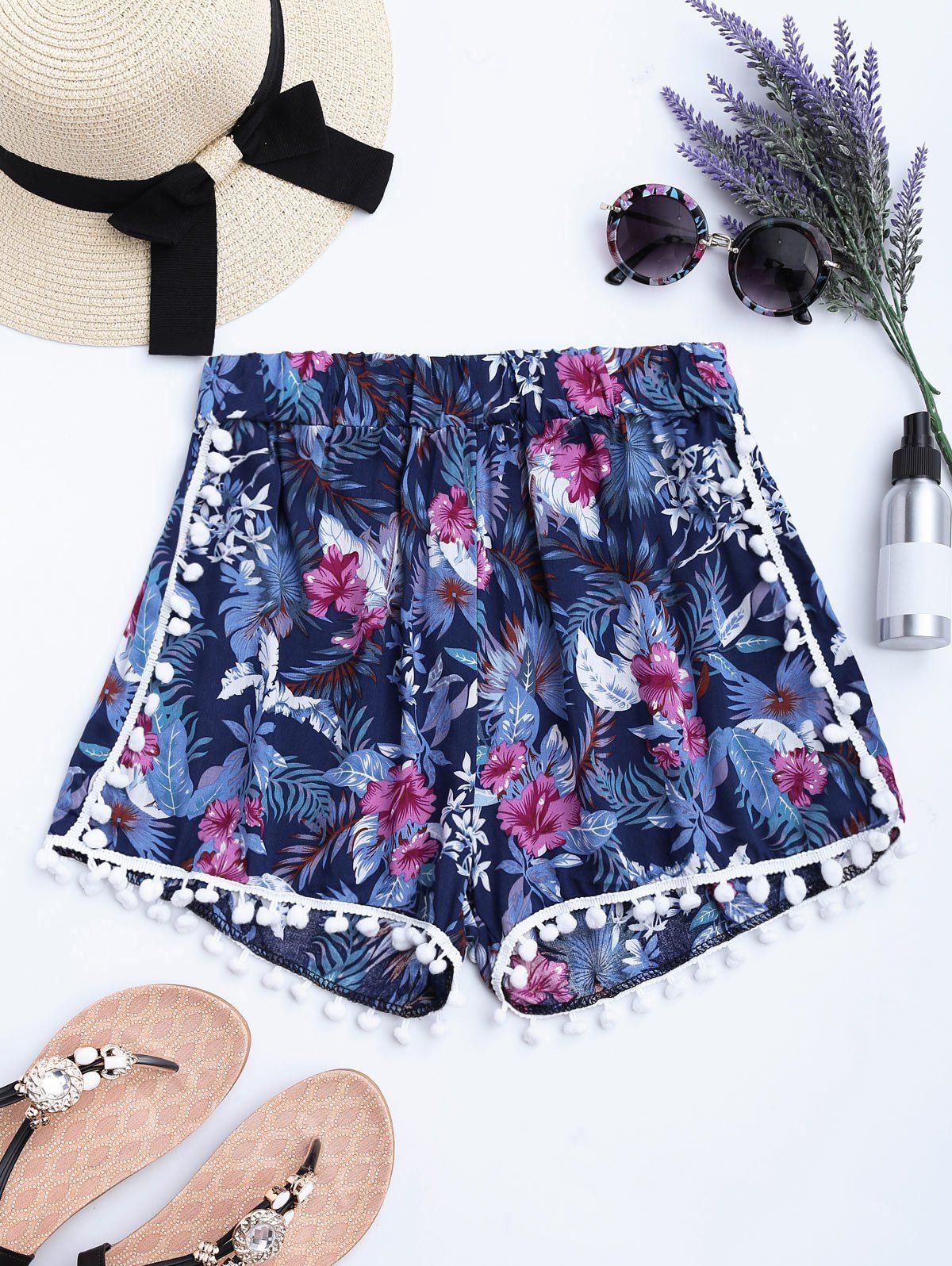 

Floral Print Pom Pom Shorts, Blue