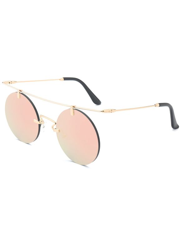 Lunettes Solaires Rondes Sans Monture avec Barre Transversale Droite et à Effet Miroir - Rose 