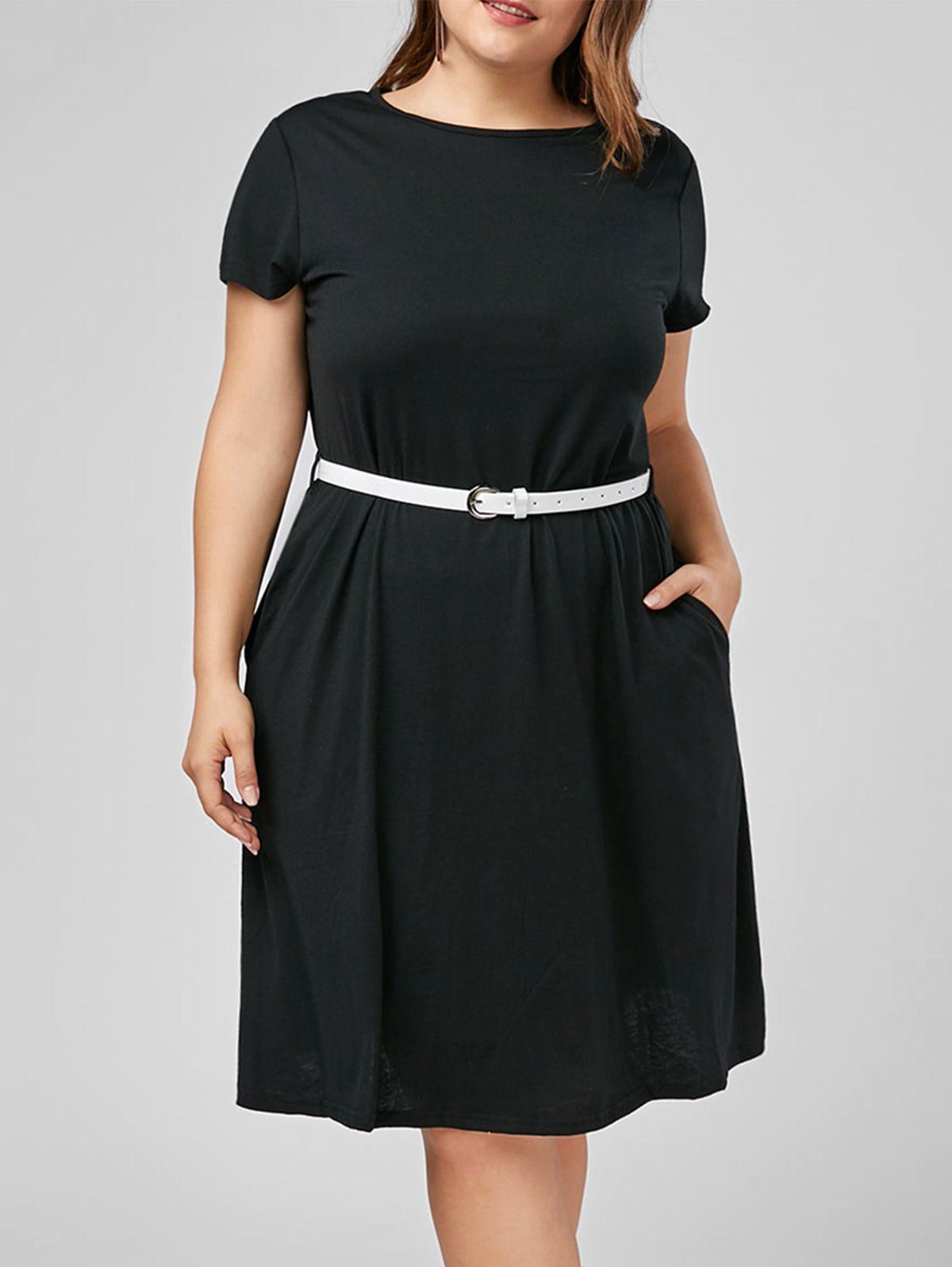 

Knee Length A Line Plus Size Dress with Belt, Black