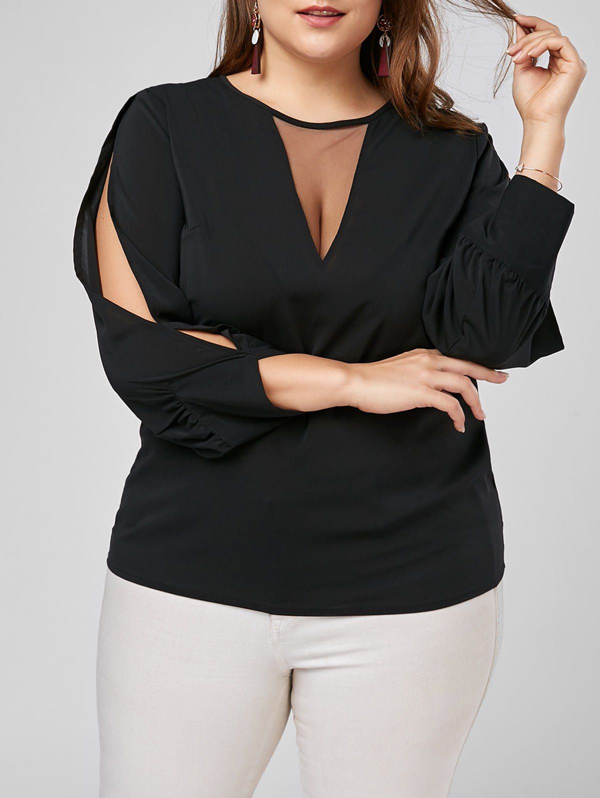 

Mesh Trim Split Long Sleeve Plus Size Top, Black