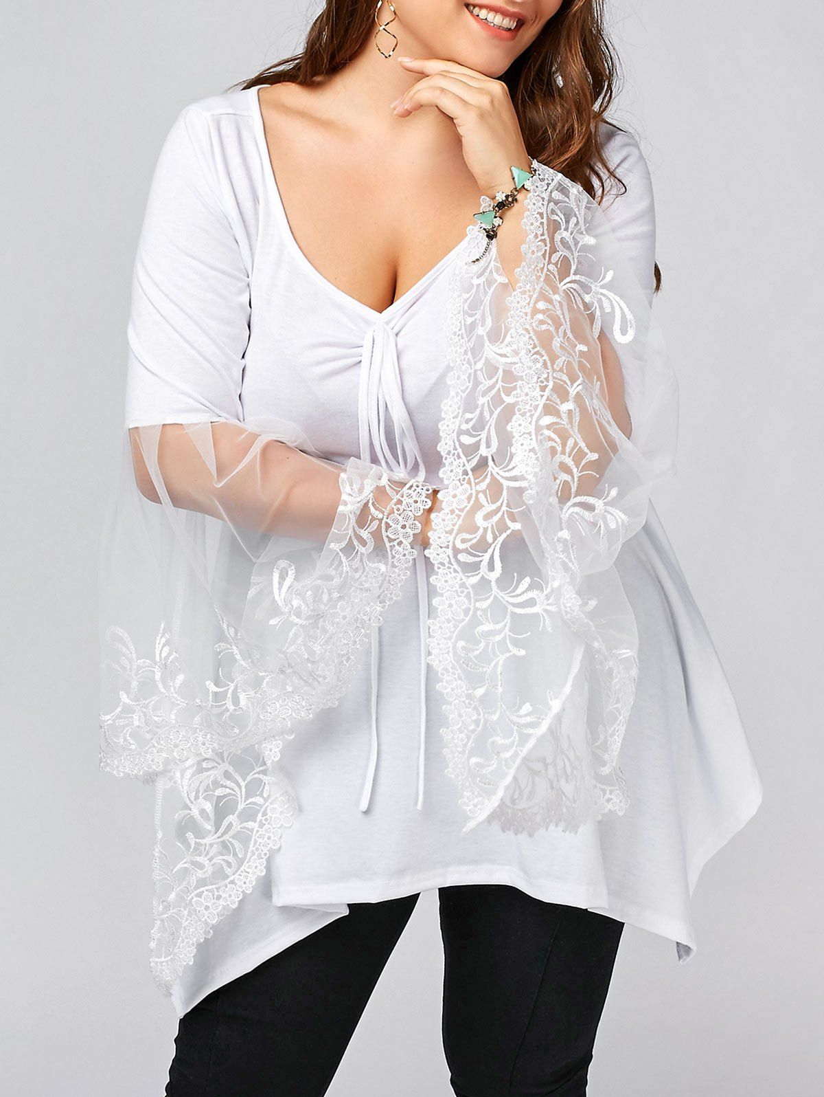 

Plus Size Flare Sleeve Handkerchief Tunic Top, White