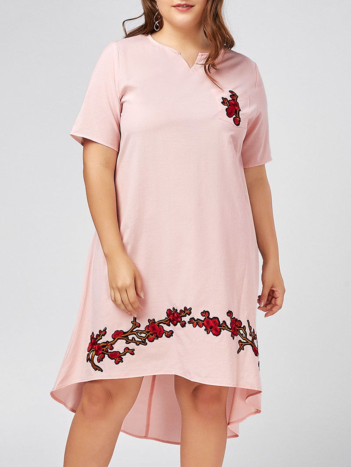 

Plus Size Notched Floral Embroidered High Low Dress, Pink