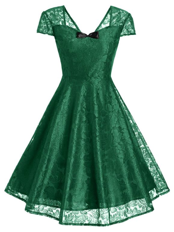 Robe Ajustée et Évasée en Dentelle Ornée de Nœud Style Vintage - Vert S
