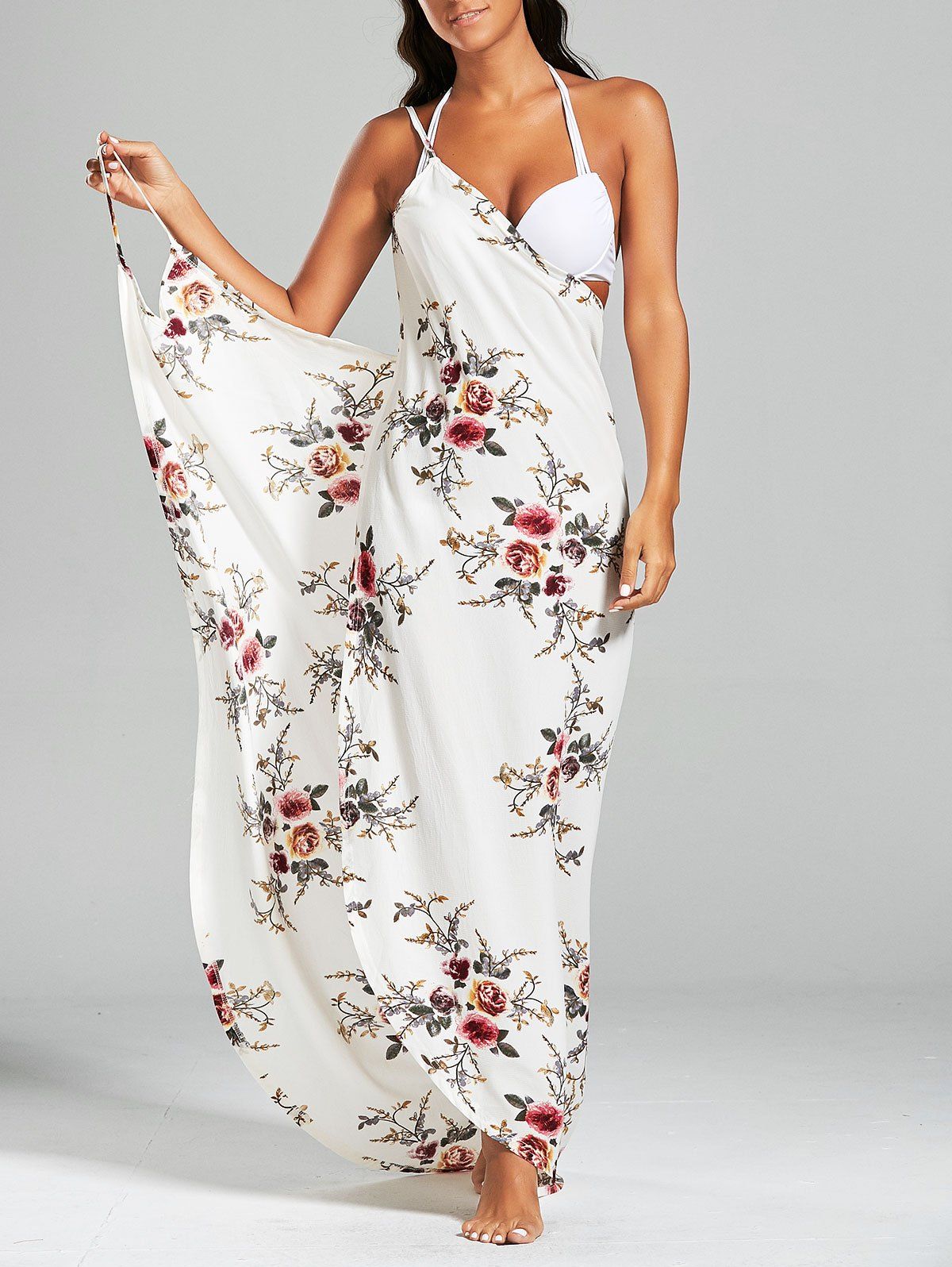 Chiffon Floral Convertible Sarong Wrap Cover Up Dress -  