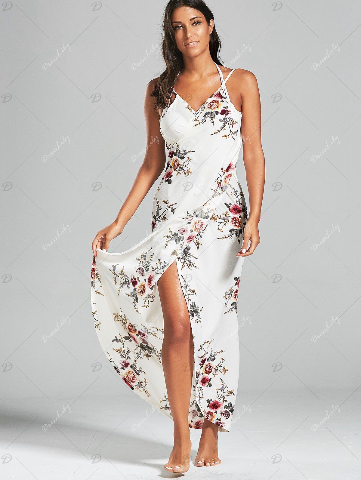 2018 Chiffon Floral Convertible Sarong Wrap Cover Up Dress WHITE XL In