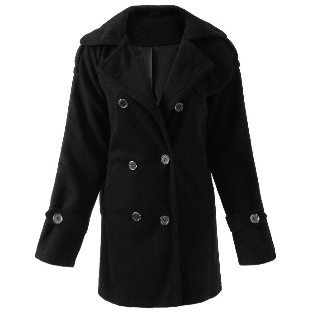 

Stylish Turn-Down Neck Long Sleeve Pocket Design Double-Breasted Women's Coat, Black