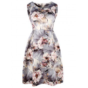 Floral Sleeveless Printed Fit and Flare Dress, GRAY, S in Print Dresses ...