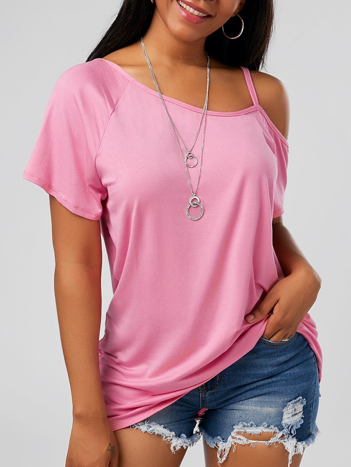 

Scoop Neck Cold Shoulder T-shirt, Pink