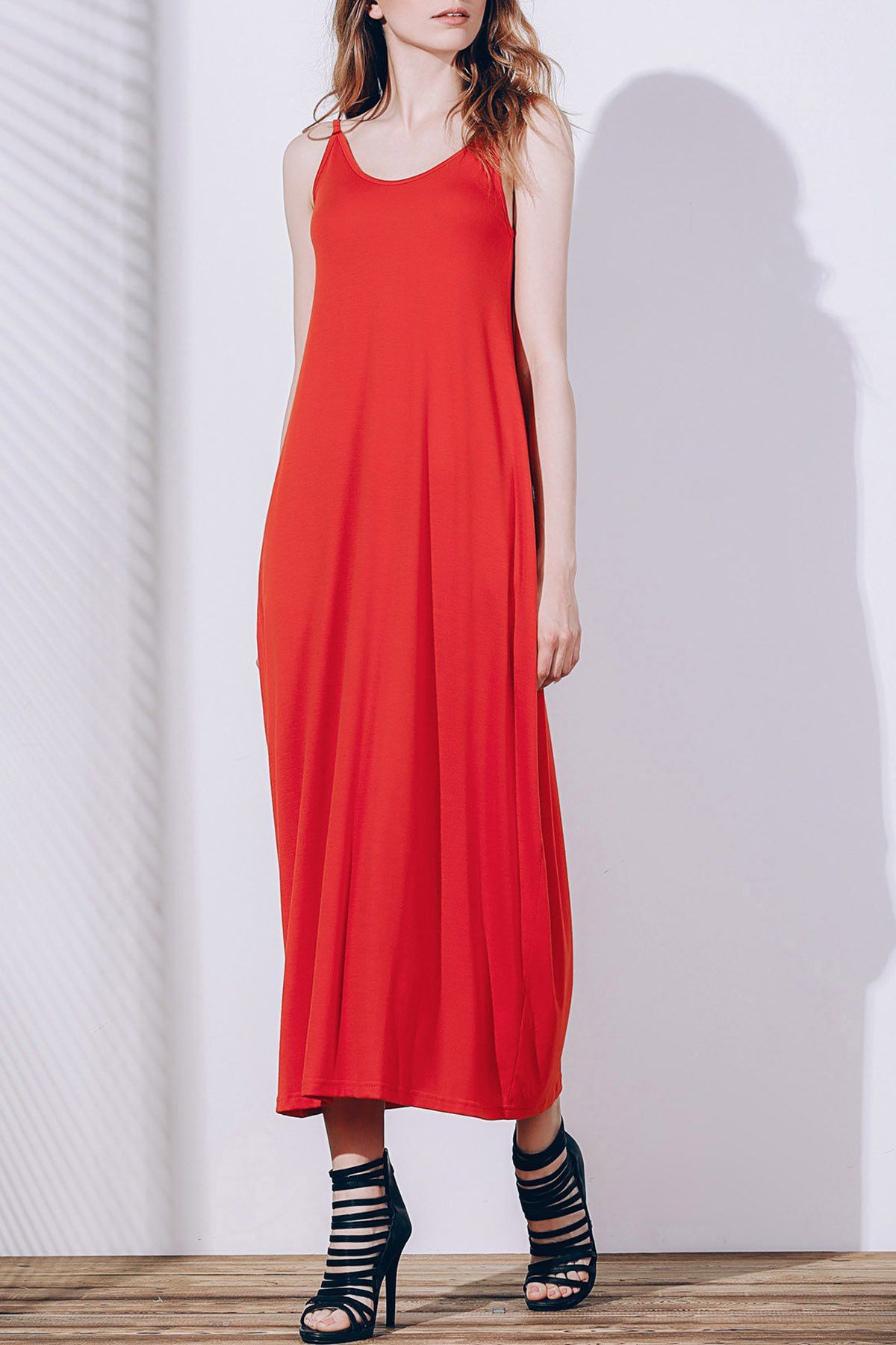 Stylish Spaghetti Strap Solid Color Pocket Design Women's Dress - ORANGE RED S