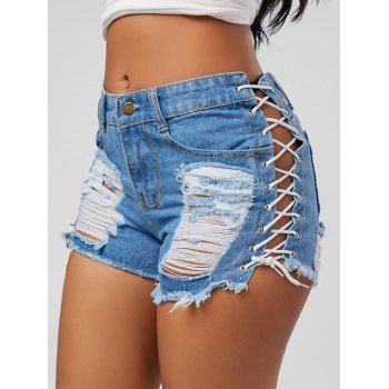 Mid Waist Lace Up Ripped Denim Shorts, DENIM BLUE, M in Shorts ...