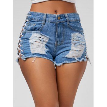 Mid Waist Lace Up Ripped Denim Shorts, DENIM BLUE, M in Shorts ...