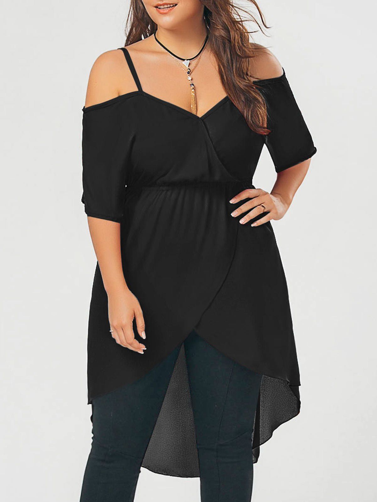 

Plus Size Open Shoulder Long High Low Chiffon Top, Black