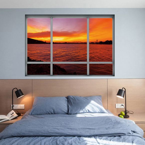Autocollant Mural Amovible Motif Mer au Coucher du Soleil Vue au Travers d'une Fenêtre 3D - Brun rouge 48.5*68CM