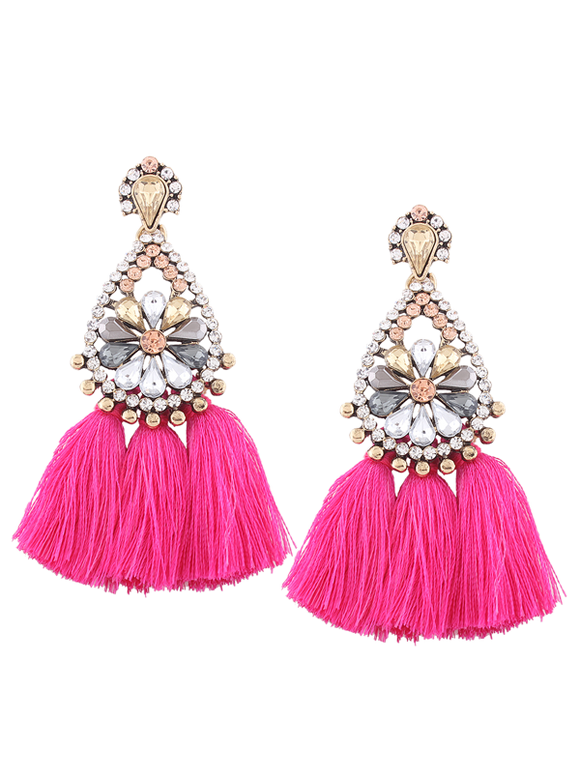 Rhinestone Tassel Teardrop Floral Earrings - ROSE RED 