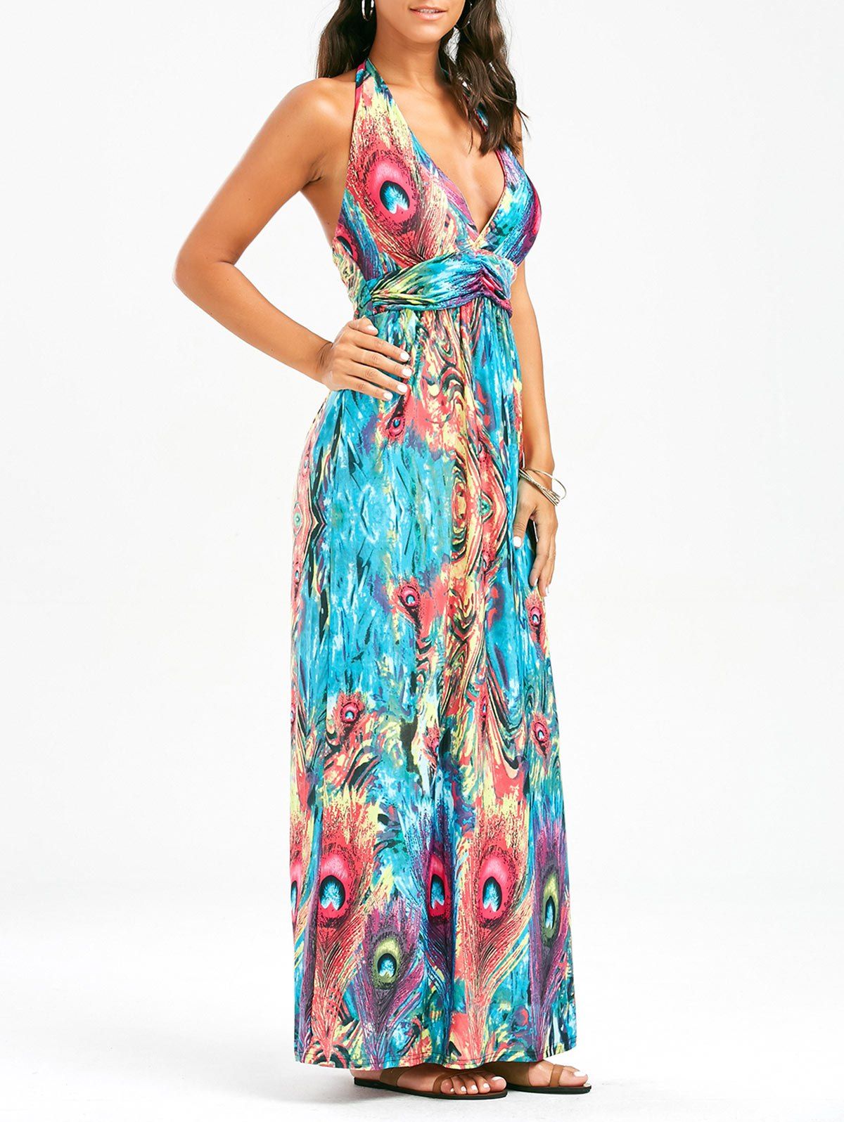 peacock print maxi dress