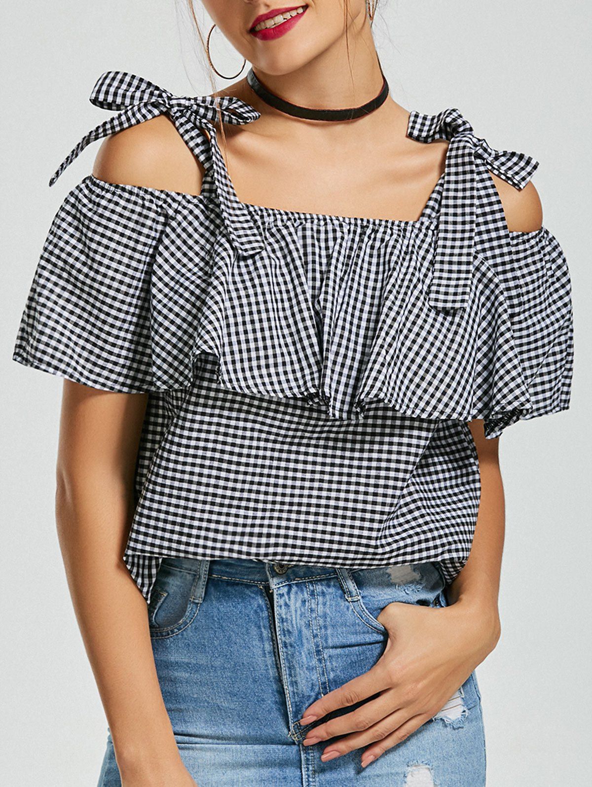 

Plaid Spaghetti Strap Ruffle Blouse, Black