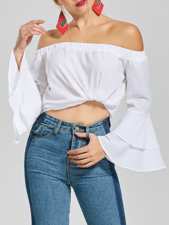Chiffon Off The Shoulder Flare Sleeve Top - Blanc S