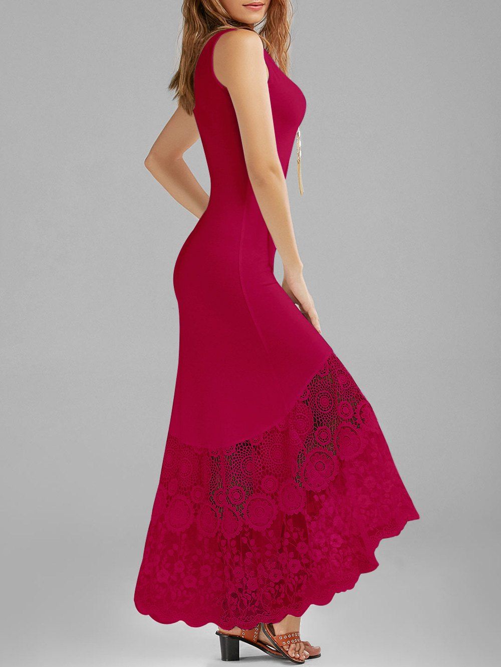 

Scalloped Lace Panel Fitted Maxi Tank Dress, Cerise