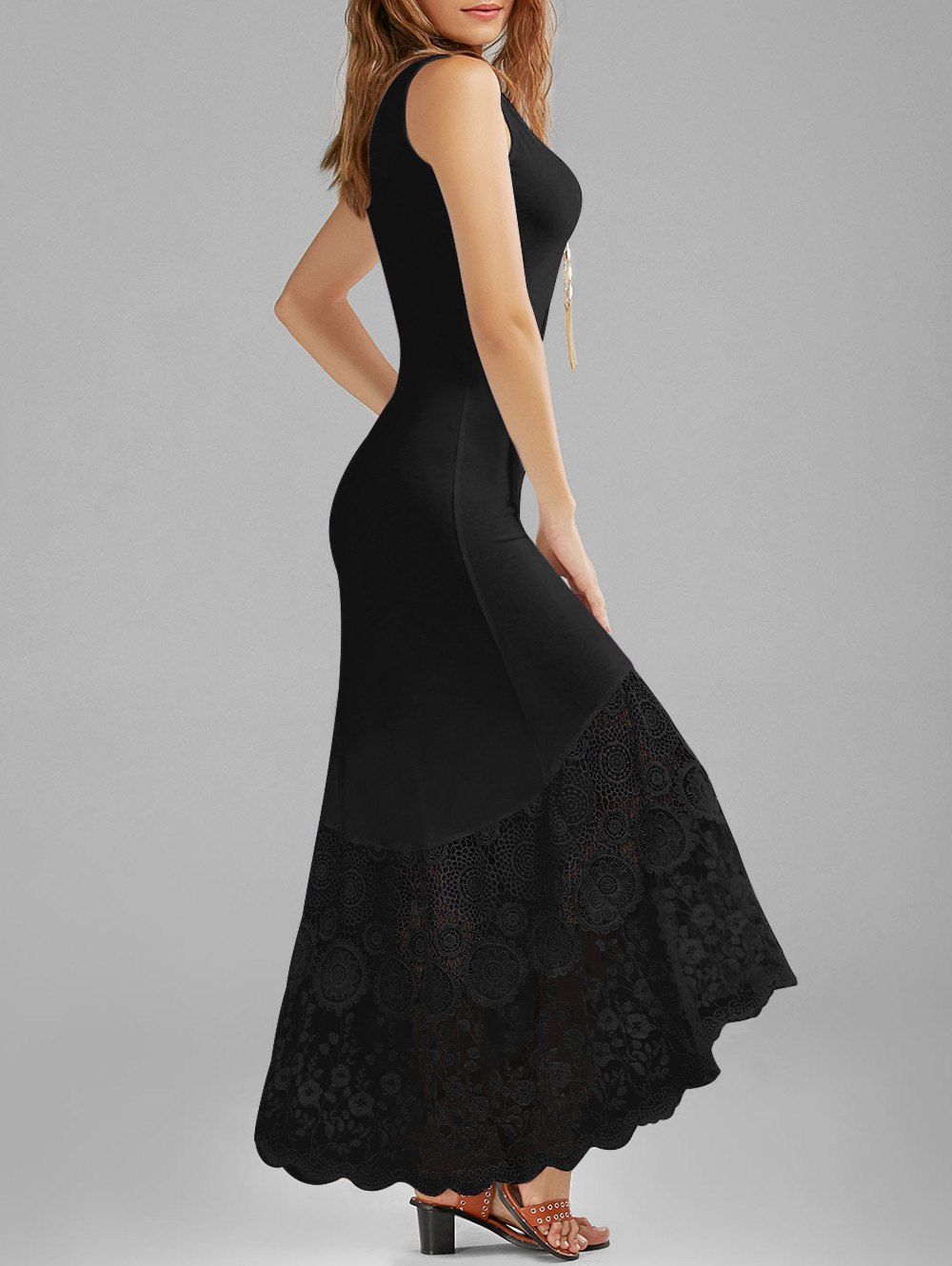 

Scalloped Lace Panel Fitted Maxi Tank Dress, Black