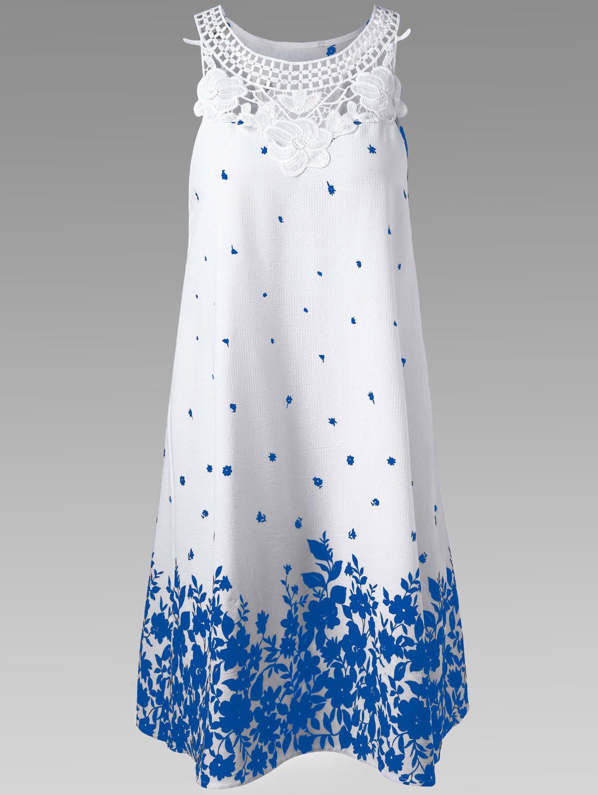 

Lace Trim Racerback Floral Tent Dress, Blue and white